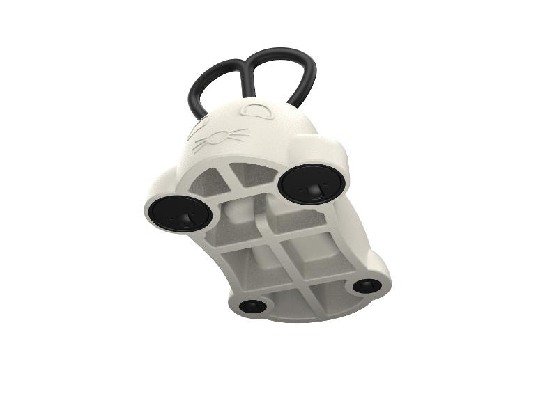 Weißes katzenförmiges Babyspielzeug zum Schieben mit schwarzen Rädern