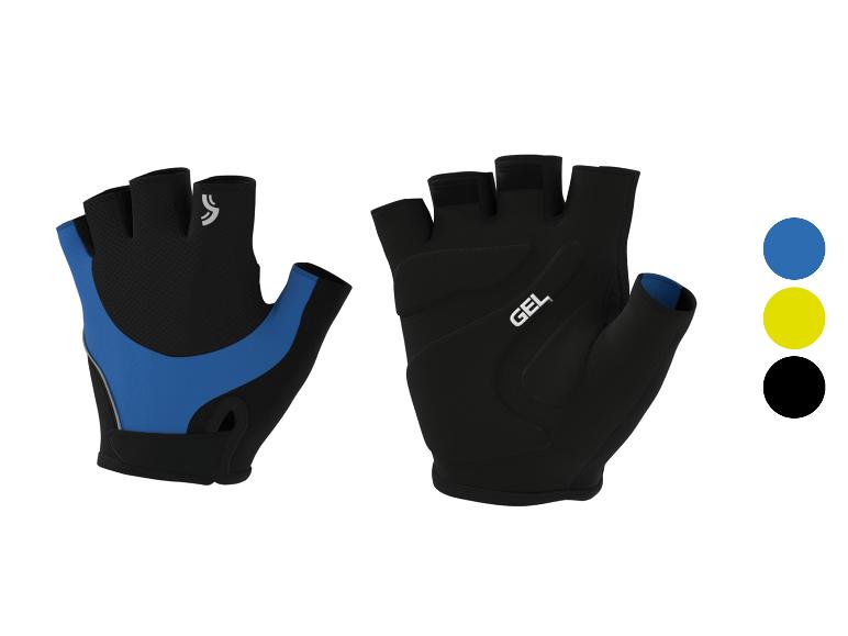 Ein Paar schwarze Fahrradhandschuhe mit blauen Akzenten und „GEL“-Schriftzug auf der Handfläche.