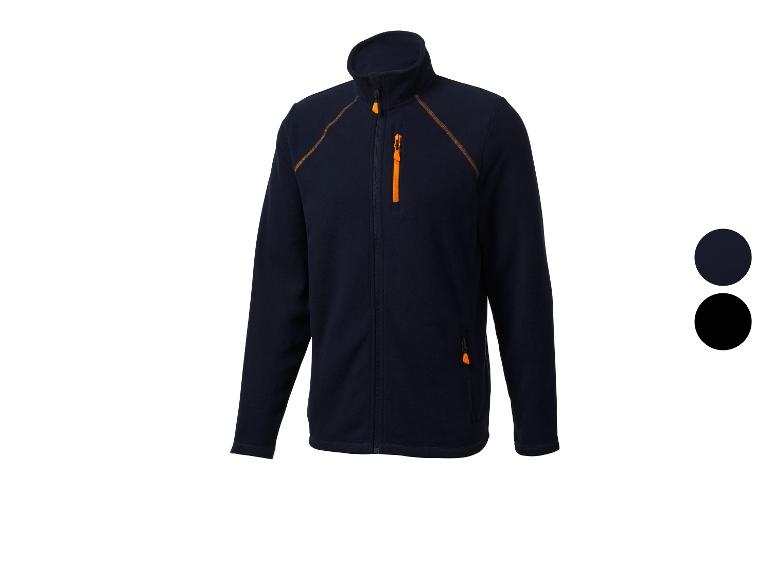 Dunkelblaue Fleecejacke mit orangefarbenen Reißverschlüssen und Nähten, mit Farboptionen.