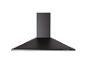 Schwarze Dunstabzugshaube mit Knöpfen, zur Montage über dem Herd.