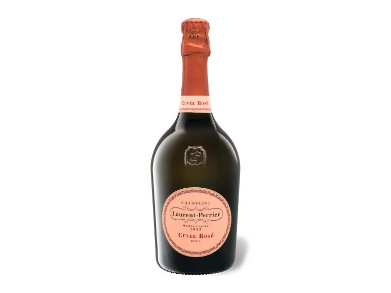 Flasche Rosé-Champagner mit rosa Etikett und Folie am Hals.