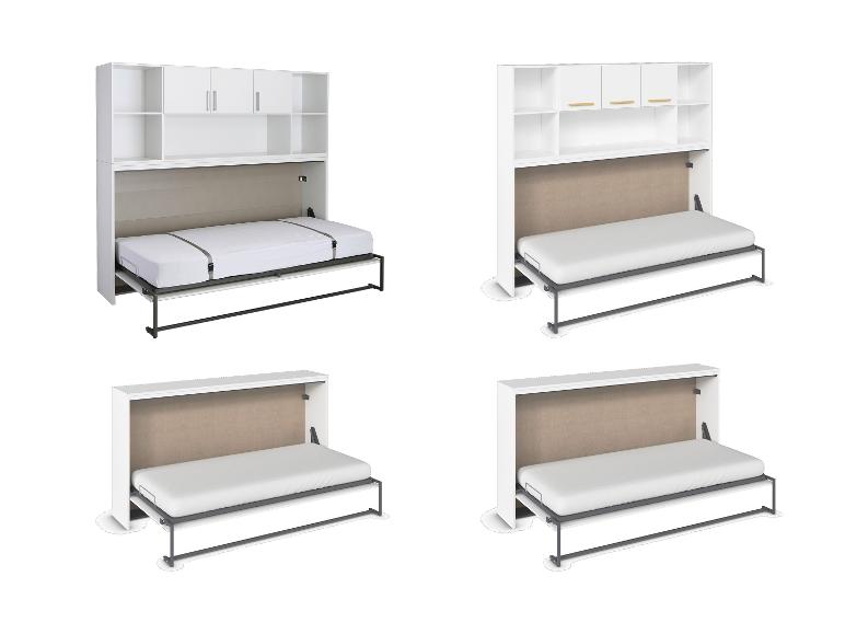 Vier Ansichten eines weißen Wandbetts mit integrierten Regalen, offen und geschlossen gezeigt.