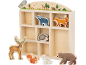 Holz-Waldtier-Spielset mit einem Präsentationsregal und verschiedenen Tierfiguren.