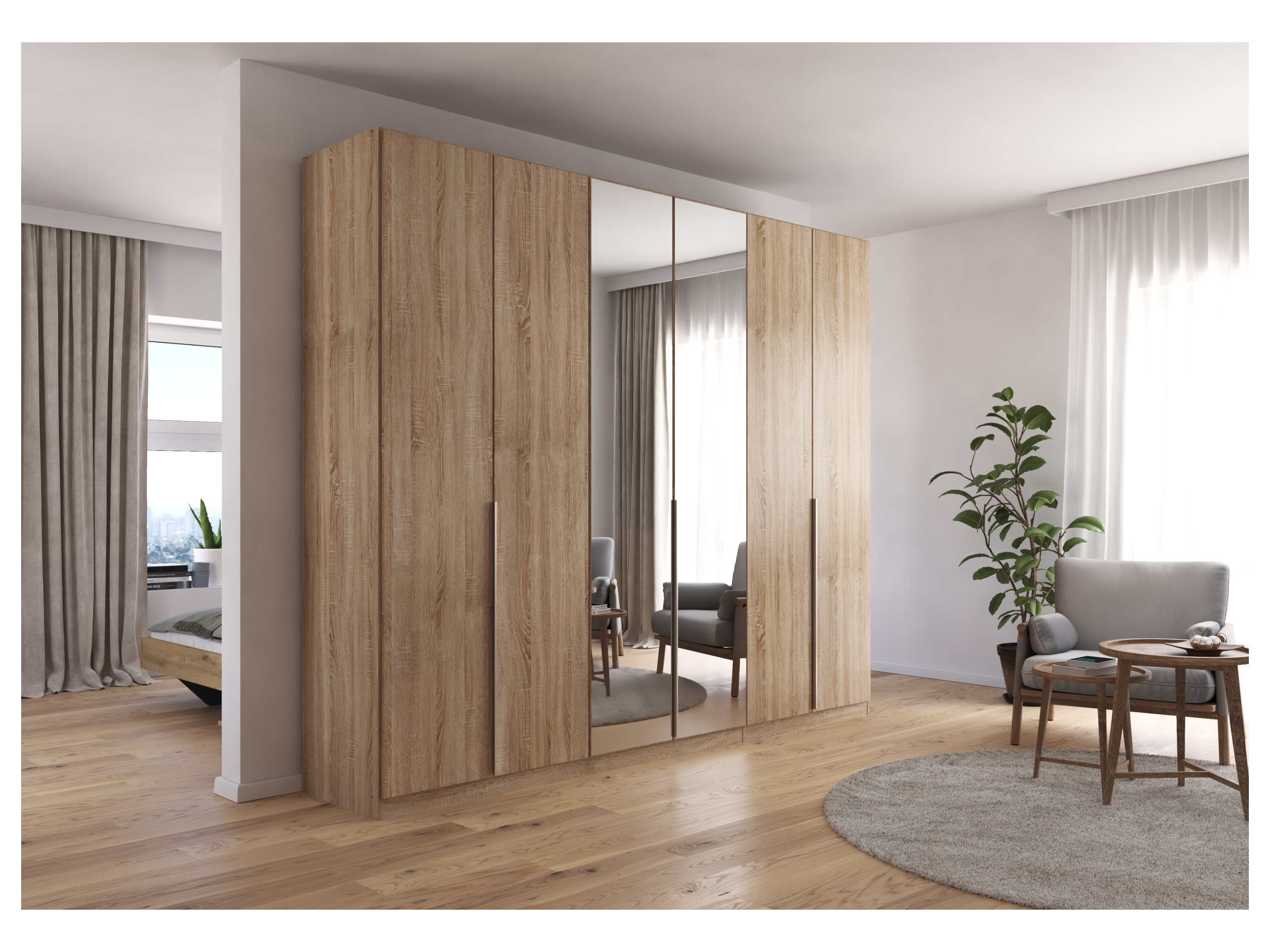 RAUCH ORANGE Drehtürenschrank Alabama mit Spiegel (Classic-Zubehör, Eiche Sonoma, Griffe Alufarben, 271 x 229 cm) – Bild 2 von 4