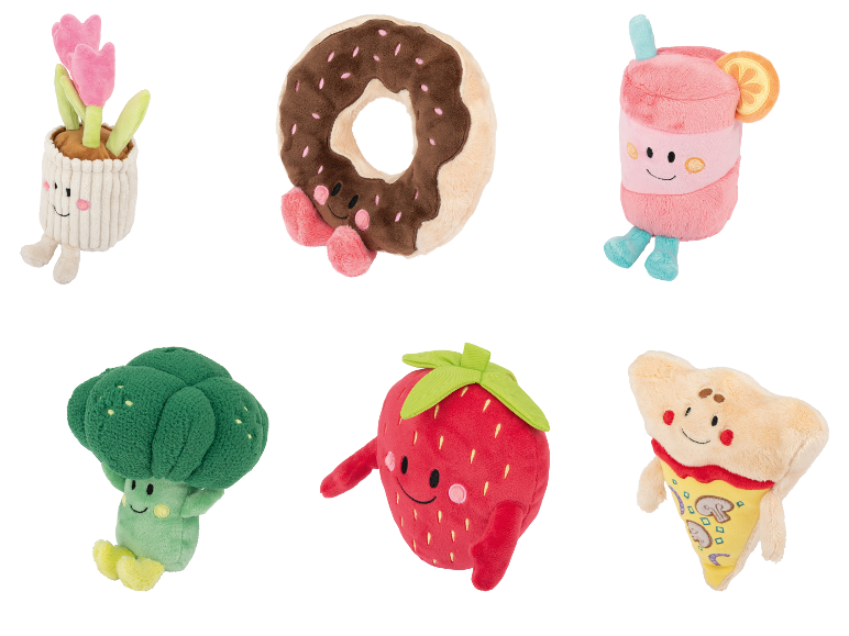 LUPILU® Kuscheltiere in Form von Blume, Donut, Getränk, Brokkoli, Erdbeere und Pizza.