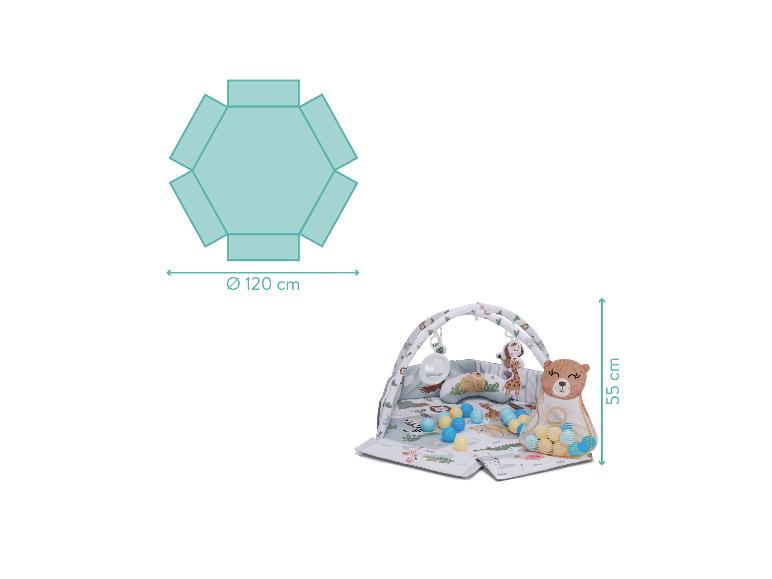 Baby-Spielmatte mit Bällen und Spielzeug, 120 cm Durchmesser, 55 cm hoch.