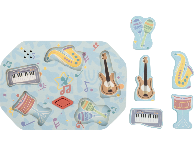 Musikinstrumenten-Puzzle mit Keyboard, Saxophon, Gitarre, Maracas und Trommel.