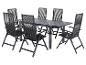Gartenessgruppe mit rechteckigem Tisch und sechs Klappstühlen, alles in Dunkelgrau.