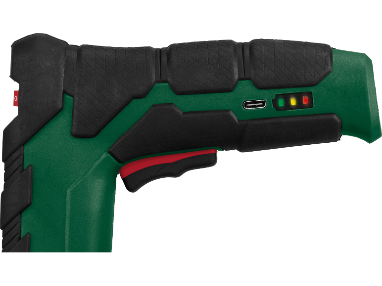 Grün-schwarze Klebepistole mit rotem Abzug, USB-Anschluss und Batterieanzeige.