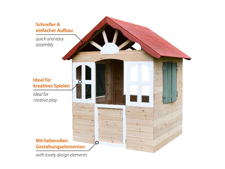Holzspielhaus mit rotem Dach, Beschreibungen für schnellen Aufbau, kreatives Spielen und Designelemente.