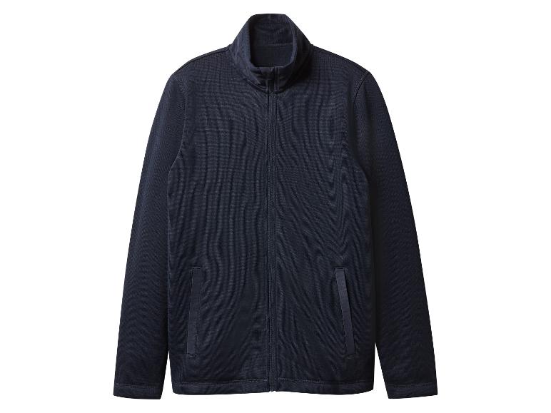 Dunkelblaue Reißverschlussjacke mit Stehkragen und Seitentaschen.