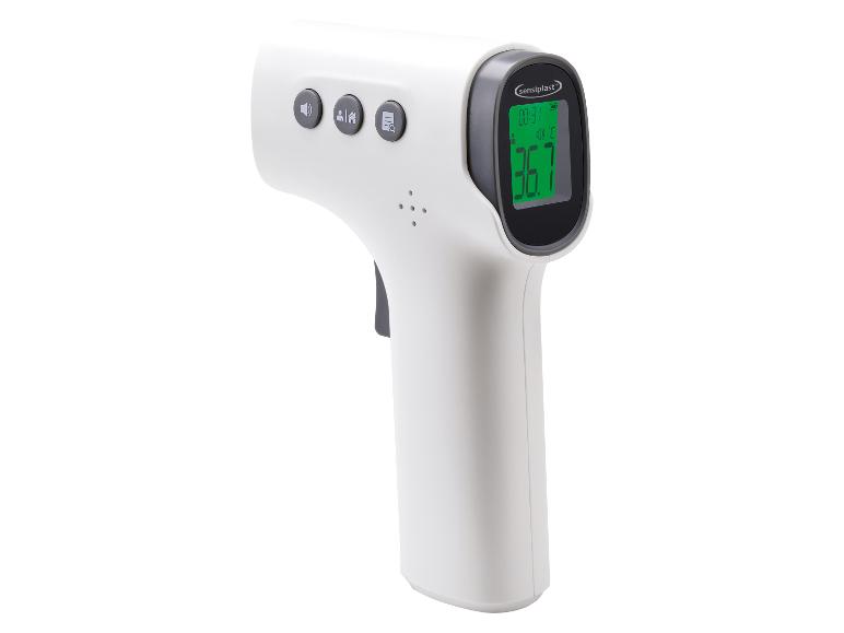 Berührungsloses Digitalthermometer mit grünem Display, das 36,7 °C anzeigt.