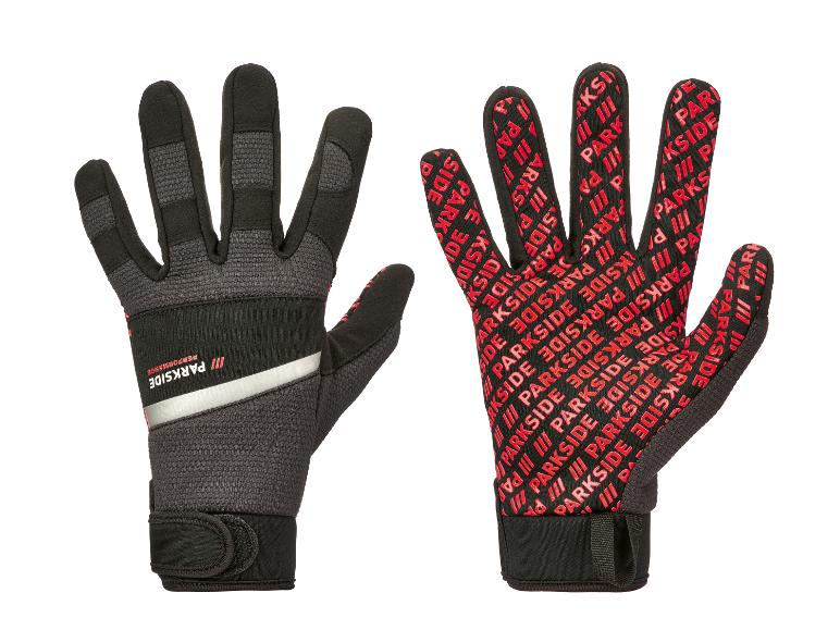 Parkside Performance Arbeitshandschuhe in Schwarz und Rot, Vorder- und Rückseite.