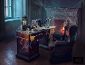 Halloween-Arbeitszimmer mit Schreibtisch, Stuhl, Kamin und gruseligen Dekorationen wie Totenköpfen und Spinnweben.