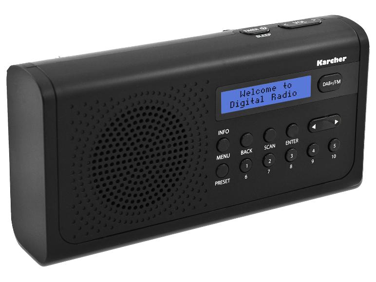 Schwarzes Digitalradio mit blauem Display, das 'Welcome to Digital Radio' anzeigt.