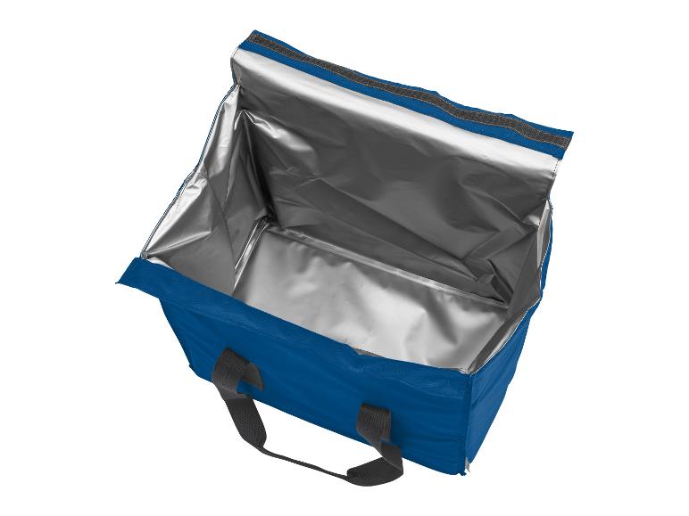 Blaue Kühltasche mit silberner Innenausstattung, ideal zum Transportieren von Lebensmitteln oder Getränken.