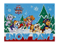 Adventskalender mit Zeichentrickfiguren in einer Schneelandschaft und dem Text „SNOW PAWS“.