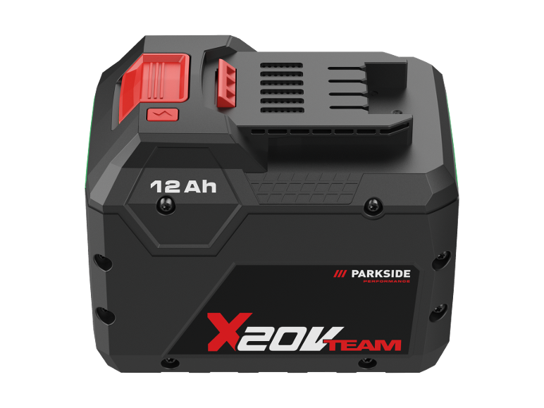 Schwarz-rote Akku für Elektrowerkzeuge, 12 Ah, mit X20V Team Branding.