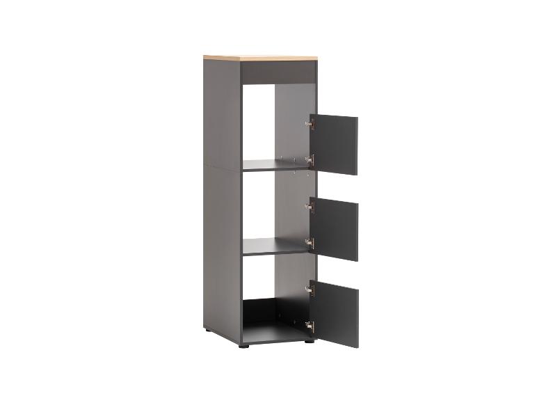 Graues Regal mit drei offenen Türen und heller Holzplatte
