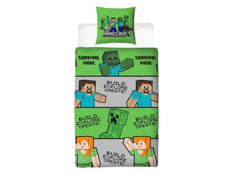 Grünes Minecraft-Bettwäscheset mit Charakteren und dem Text „SURVIVAL MODE“.