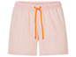 Eine rosa Badehose mit weißen Streifen und orangenen Kordeln.