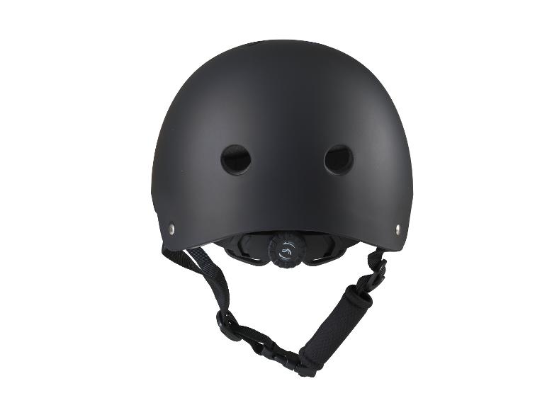 Schwarzer matter Fahrradhelm mit verstellbarem Riemen und Belüftungsöffnungen.