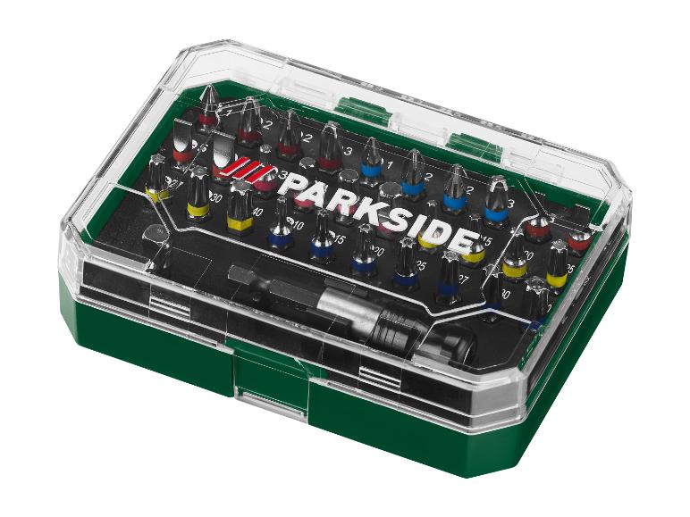 Ein Satz Schraubendreher von Parkside in einer grünen Aufbewahrungsbox.