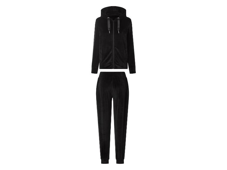 ESMARA® Damen Nicki-Hausanzug: schwarzer Samt-Kapuzenpullover mit Reißverschluss und Hose.