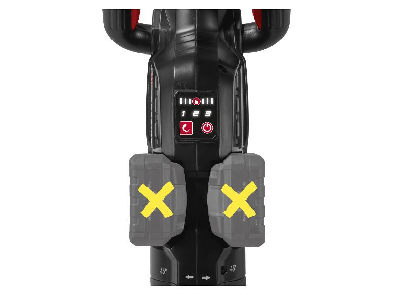 Detail des Bedienfelds und der Parkside-Akkus mit roten X-Symbolen.