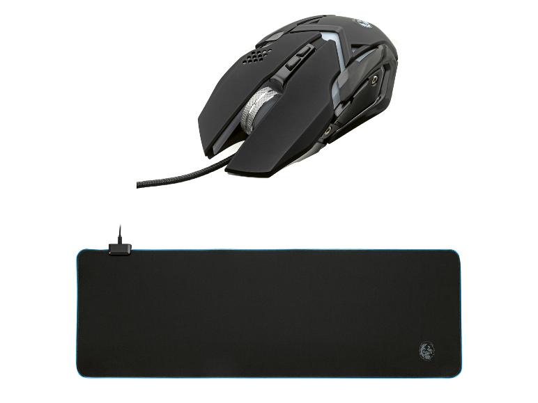 Schwarze Gaming-Maus und Mauspad mit blauem Rand.