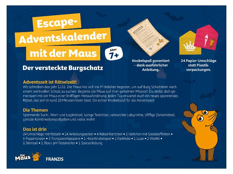 Escape Adventskalender mit der Maus, mit 24 Papier-Umschlägen und Rätselspielen.