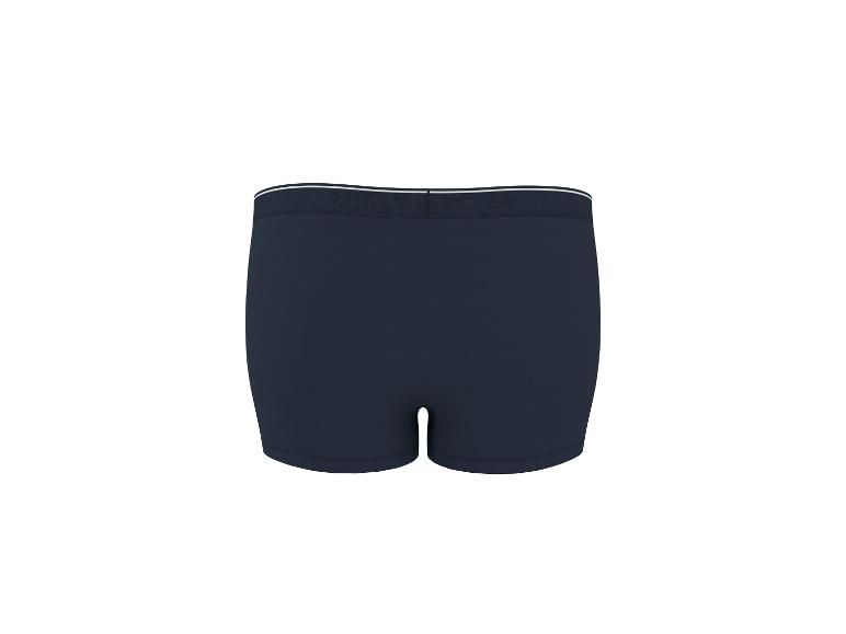 Dunkelblaue Boxershorts mit weißem Gummibund, Rückansicht.