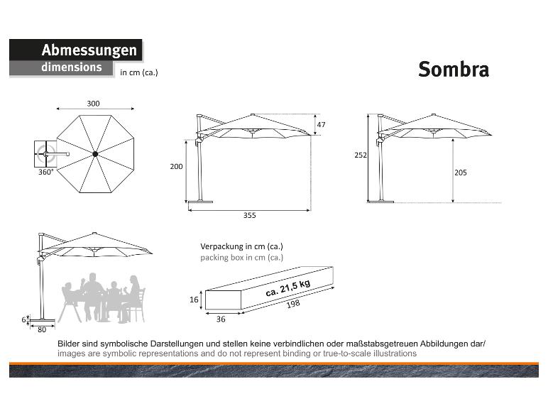 Sombra Sonnenschirm Maße und Verpackung in cm, mit 360° Drehung.