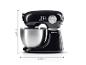 Schwarze Küchenmaschine mit Edelstahlschüssel, Maße 34,7 x 36,7 cm.