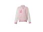 Rosa-weiße Baseballjacke mit gesticktem Buchstaben B und Schleife.
