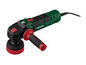 Eine grüne Parkside Schleifmaschine mit rotem Griff und Schleifpad.