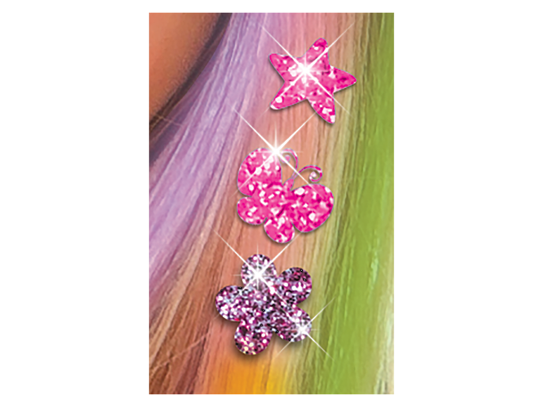 Glitzer-Haarkleber in Stern-, Schmetterlings- und Blumenformen.