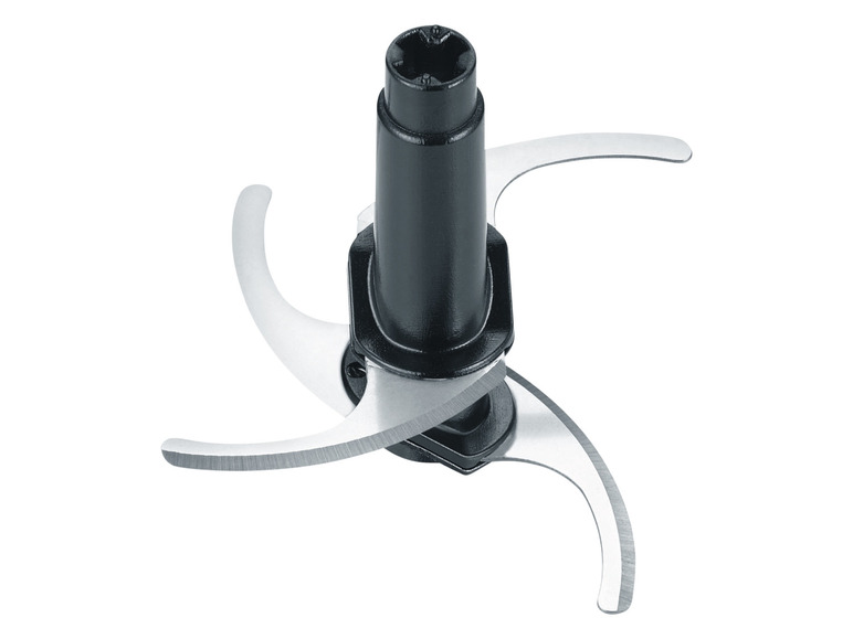 Ein schwarzer Mixer-Sockel mit drei silbernen Messern.