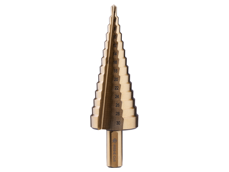 Konischer Stufenbohrer mit markierten Größen von 4 bis 30 mm.