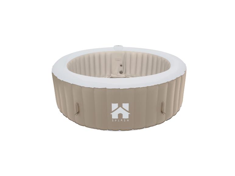 Beiger runder aufblasbarer Whirlpool mit weißem Rand und Splash-Logo