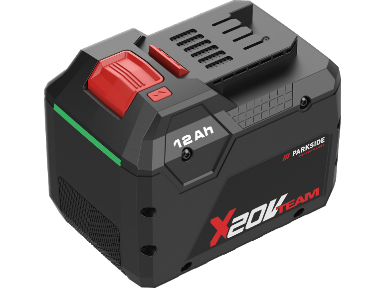 Schwarzer 12 Ah Akku für Elektrowerkzeuge mit roten Knöpfen und grünem Streifen, X20V Team Branding.