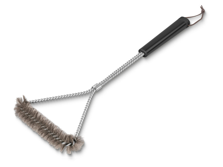 Eine Grillbürste mit langem Griff zum Reinigen eines Grills.