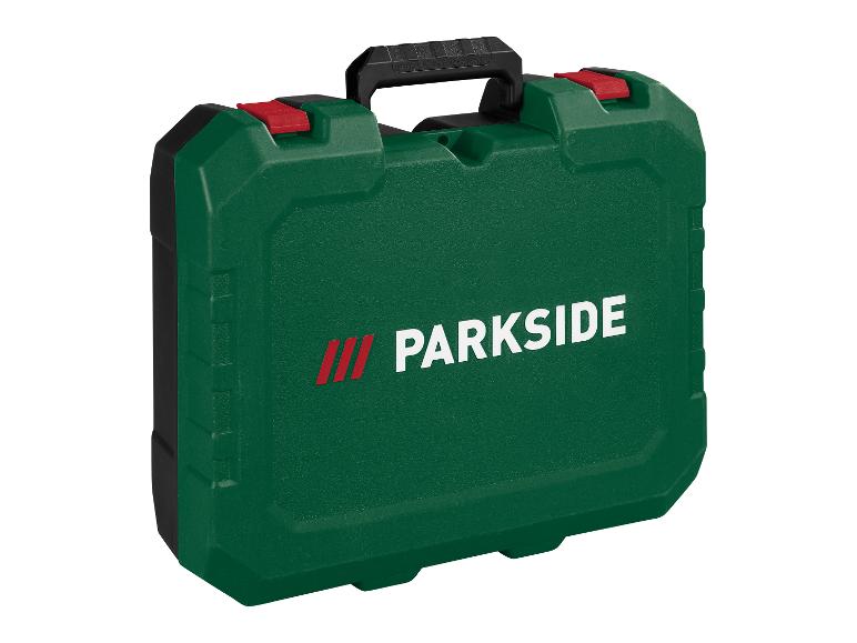 Grüner Werkzeugkoffer mit schwarzen Griffen und roten Verschlüssen, mit dem Text „PARKSIDE“