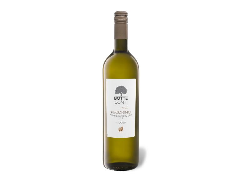 Flasche Weißwein mit Etikett, das einen Baum und ein Schaf zeigt, mit dem Text „Pecorino Terre d'Abruzzo I.G.T.“