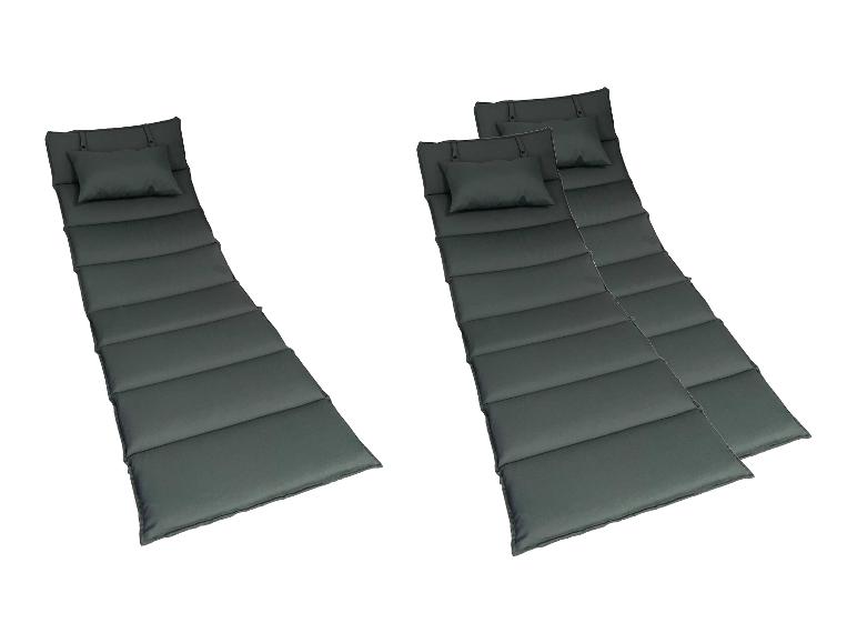 Zwei dunkelgraue Liegestuhlauflagen mit Kopfkissen