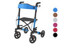 Ein blauer Rollator mit Sitz und Getränkehalter.