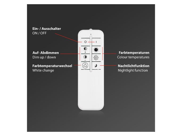 Weiße Fernbedienung mit Tasten für Ein/Aus, Dimmen, Farbwechsel und Nachtlichtfunktion.