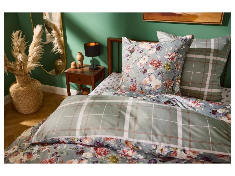 LIVARNO home Mikrofaser-Satin-Bettwäsche mit Blumen- und Karomuster.