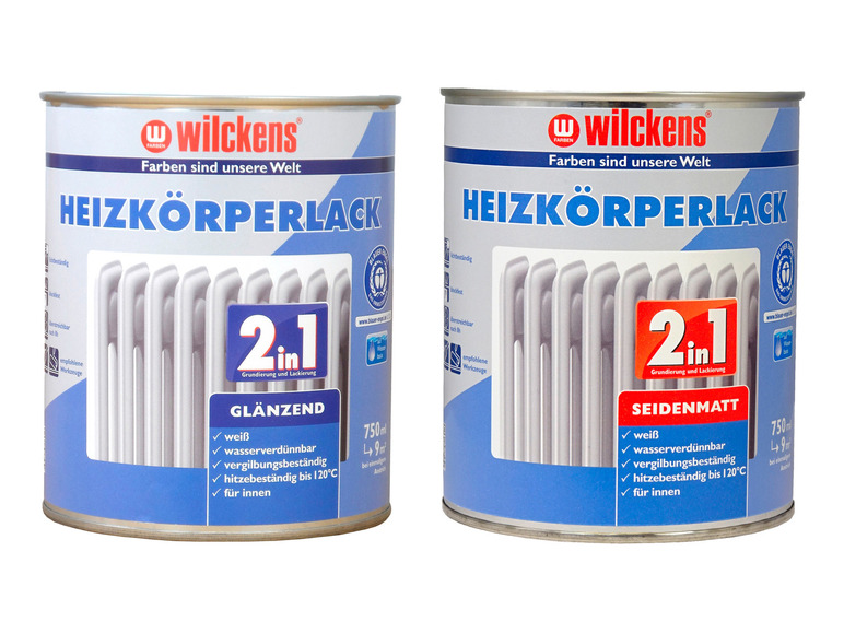 Zwei Dosen Wilckens Heizkörperlack, eine glänzend und eine seidenmatt.