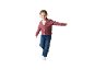 Lächelndes kleines Mädchen in roter Strickjacke, weißem T-Shirt und blauen Jeans
